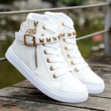 White high leather sneakers with zipper for women - AVA 0